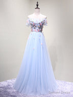 Off the Shoulder Light Blue Floral Long Prom Dresses, Off Shoulder Light Blue Formal Evening Dresses