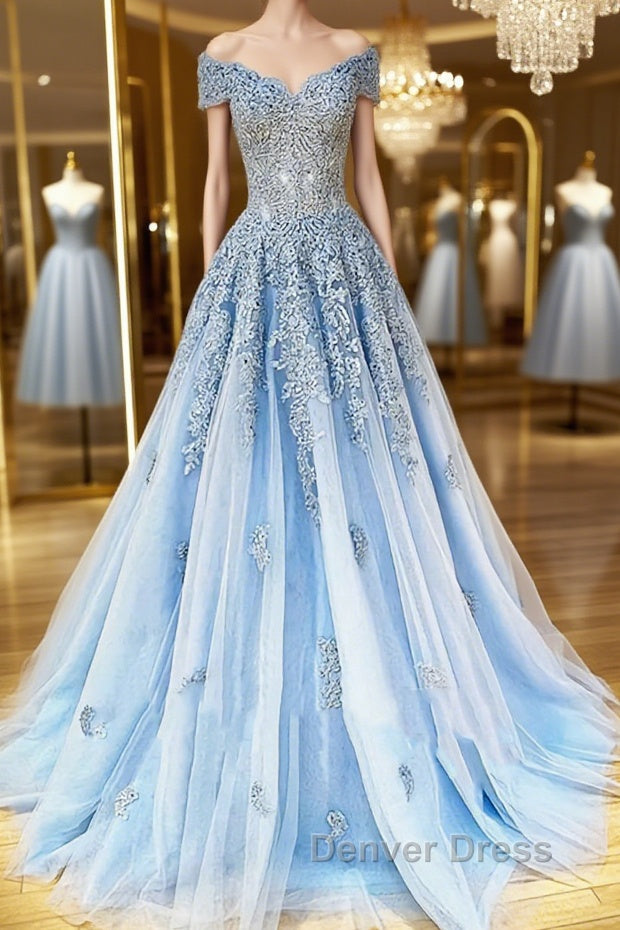 Off the Shoulder Light Blue Lace Prom Dress, Off the Shoulder Blue Lace Prom Dresses