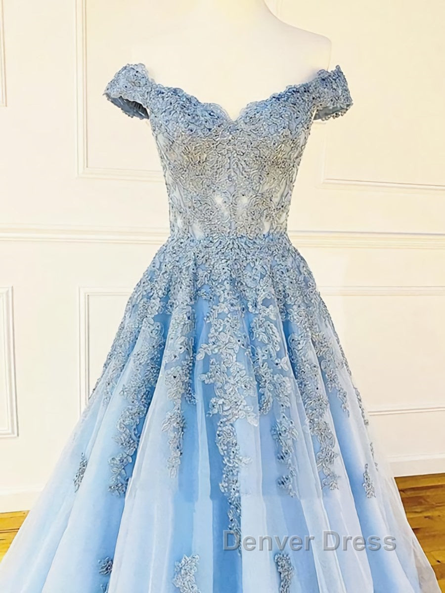Off the Shoulder Light Blue Lace Prom Dress, Off the Shoulder Blue Lace Prom Dresses
