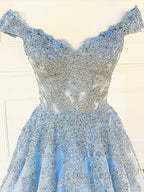 Off the Shoulder Light Blue Lace Prom Dress, Off the Shoulder Blue Lace Prom Dresses