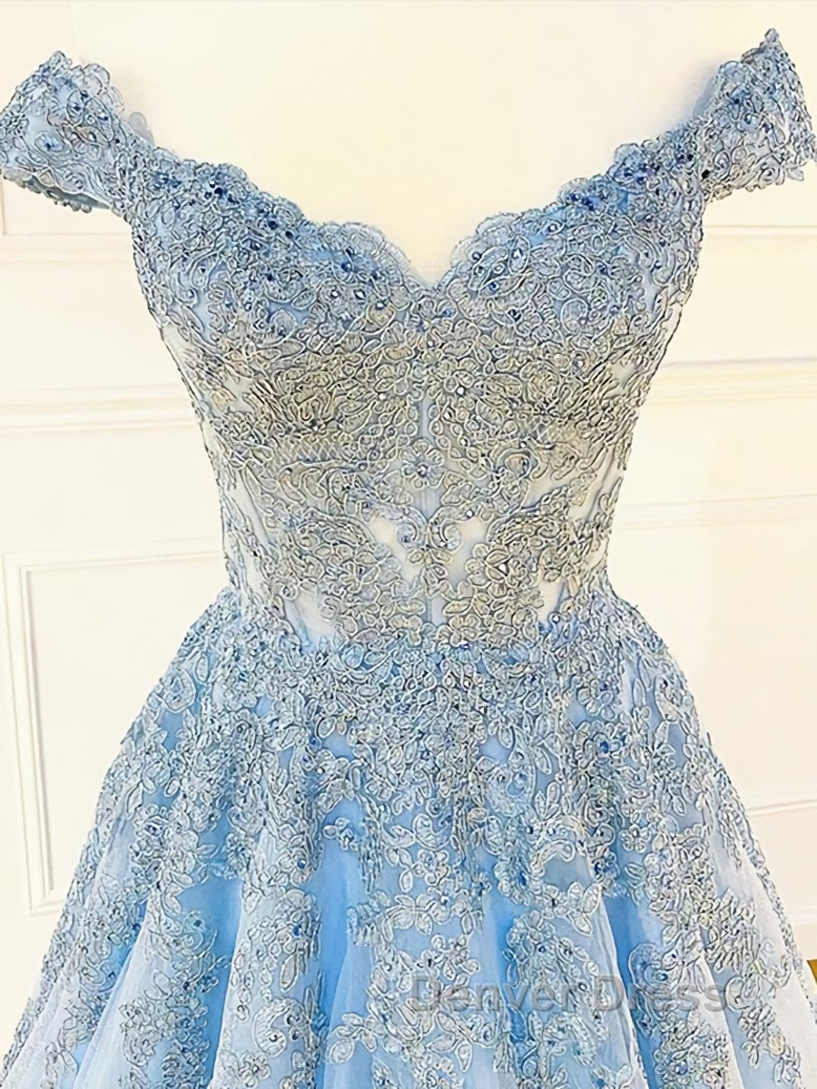 Off the Shoulder Light Blue Lace Prom Dress, Off the Shoulder Blue Lace Prom Dresses