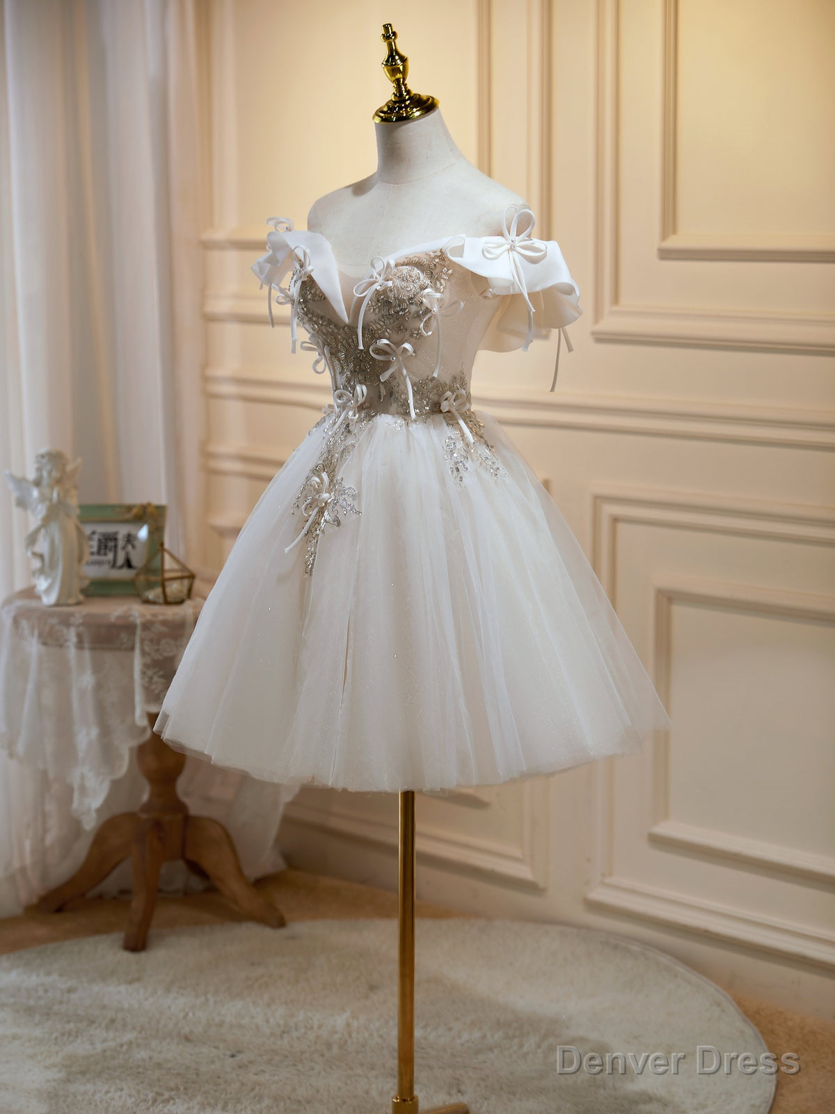 Off the Shoulder Light Champagne Floral Prom Dress, Short Champagne Prom Homecoming Dresses