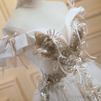 Off the Shoulder Light Champagne Floral Prom Dress, Short Champagne Prom Homecoming Dresses