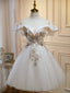 Off the Shoulder Light Champagne Floral Prom Dress, Short Champagne Prom Homecoming Dresses