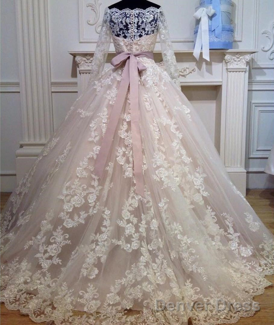 Off The Shoulder Long Sleeves Ball Gowns Wedding Lace Dresses With Bow Sashes
