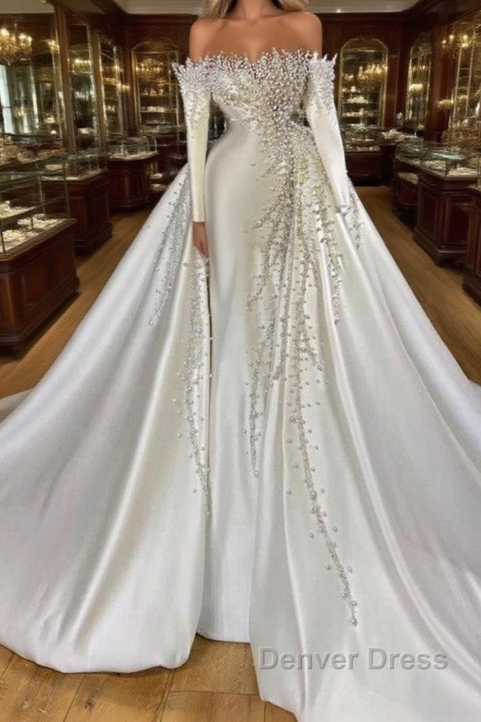Off-the-Shoulder Long Sleeves Mermaid Wedding Dresses Pearls With Detachable Train Main image