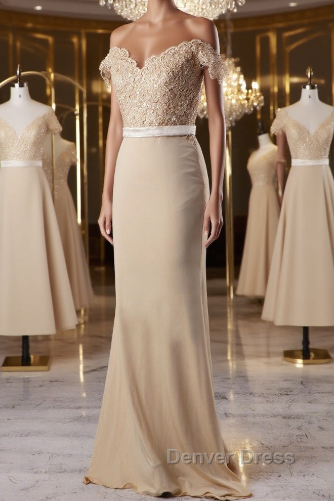 Off the Shoulder Mermaid Champagne Lace Long Prom Dress, Off Shoulder Mermaid Champagne Prom Graduation Prom Dress, Mermaid Champagne Lace Bridesmaid Dresses Main image