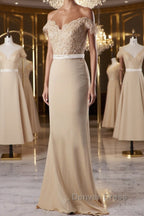 Off the Shoulder Mermaid Champagne Lace Long Prom Dress, Off Shoulder Mermaid Champagne Prom Graduation Prom Dress, Mermaid Champagne Lace Bridesmaid Dresses