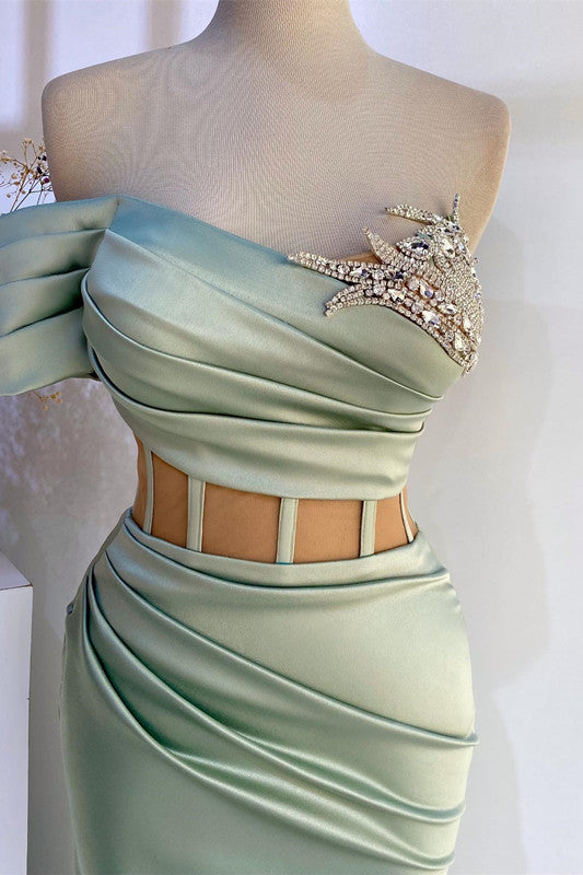Off-The-Shoulder Mermaid Prom Dress In Dusty Sage With Beads