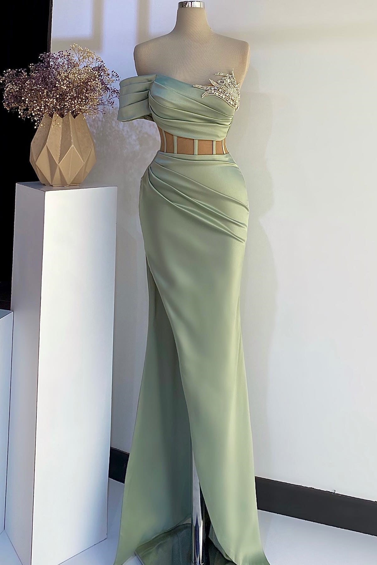 Off-The-Shoulder Mermaid Prom Dress In Dusty Sage With Beads Main image