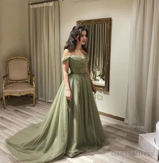 Off the Shoulder Mint Green Prom Dress Beaded Long Prom Dresses, Off Shoulder Green Long Formal Evening Dresses Main image
