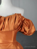 Off the Shoulder Orange Satin Long Prom Dress, Orange Long Satin Prom Dresses