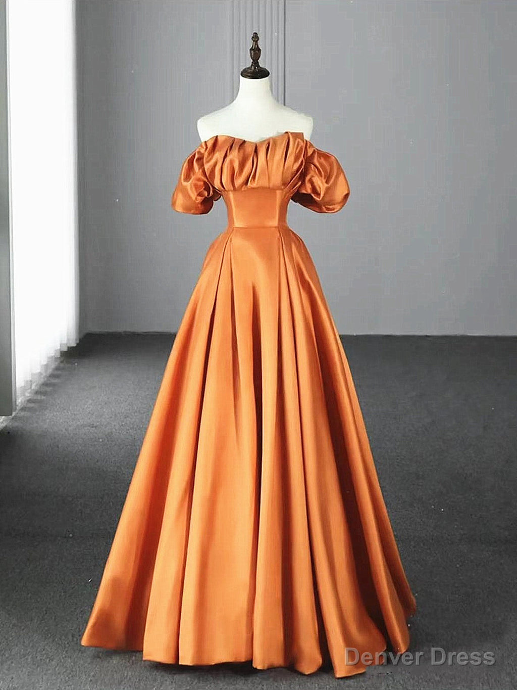 Off the Shoulder Orange Satin Long Prom Dress, Orange Long Satin Prom Dresses