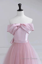 Off the Shoulder Pink Prom Dress, Pink Tulle Prom Dresses