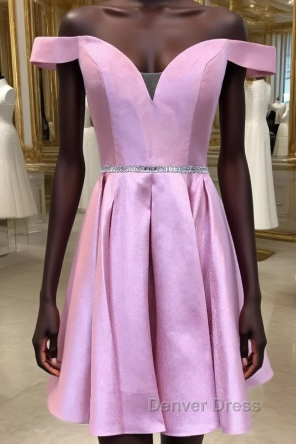Off the Shoulder Pink Satin Short Prom Homecoming Dress with Belt, Off Shoulder Pink Prom Graduation Prom Dresses