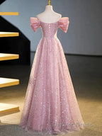 Off The Shoulder Pink Sequin Sparkle Prom Dresses