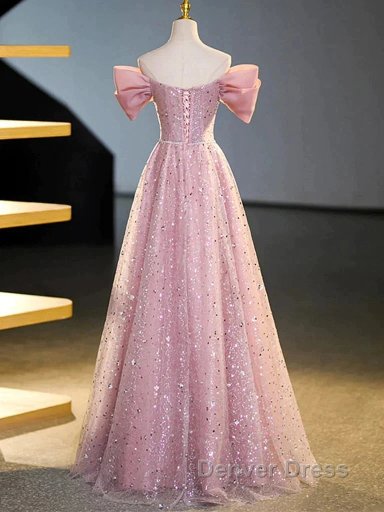 Off The Shoulder Pink Sequin Sparkle Prom Dresses