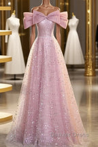 Off The Shoulder Pink Sequin Sparkle Prom Dresses