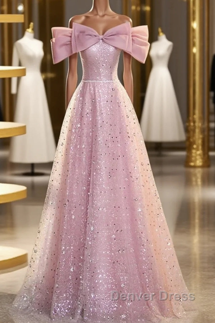 Off The Shoulder Pink Sequin Sparkle Prom Dresses