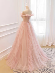 Off the Shoulder Pink Tulle Beaded Long Prom Dresses, Pink Tulle Long Formal Dress