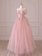 Off the Shoulder Pink Tulle Long Prom Dress, Pink Tulle Long Prom Dresses