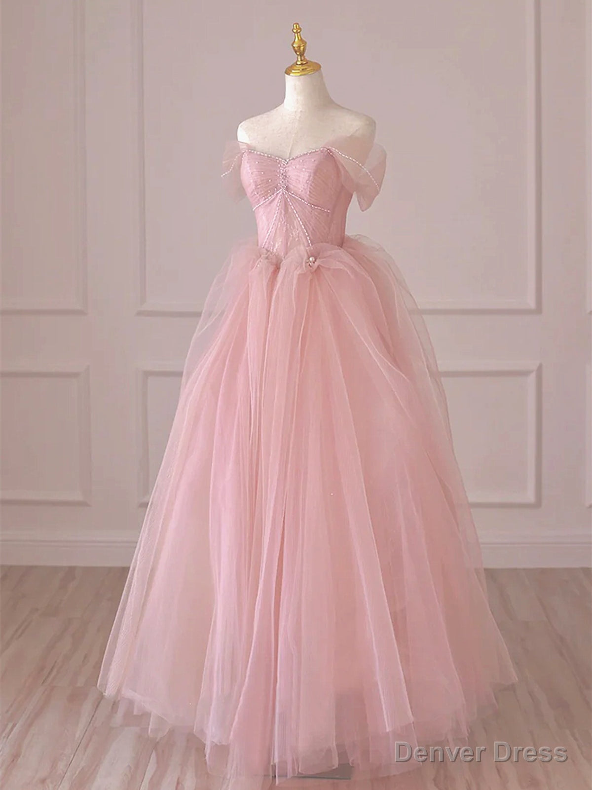 Off the Shoulder Pink Tulle Long Prom Dresses, Pink Tulle Long Formal Evening Dresses Main image