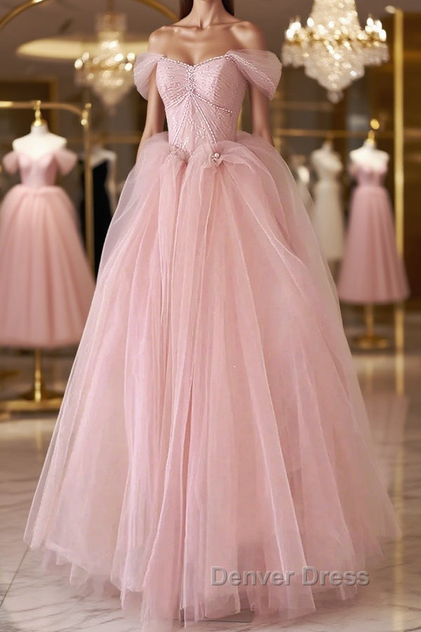 Off the Shoulder Pink Tulle Prom Dress, Pink Tulle Long Prom Graduation Dresses