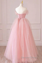 Off the Shoulder Pink Tulle Prom Dress, Pink Tulle Long Prom Graduation Dresses