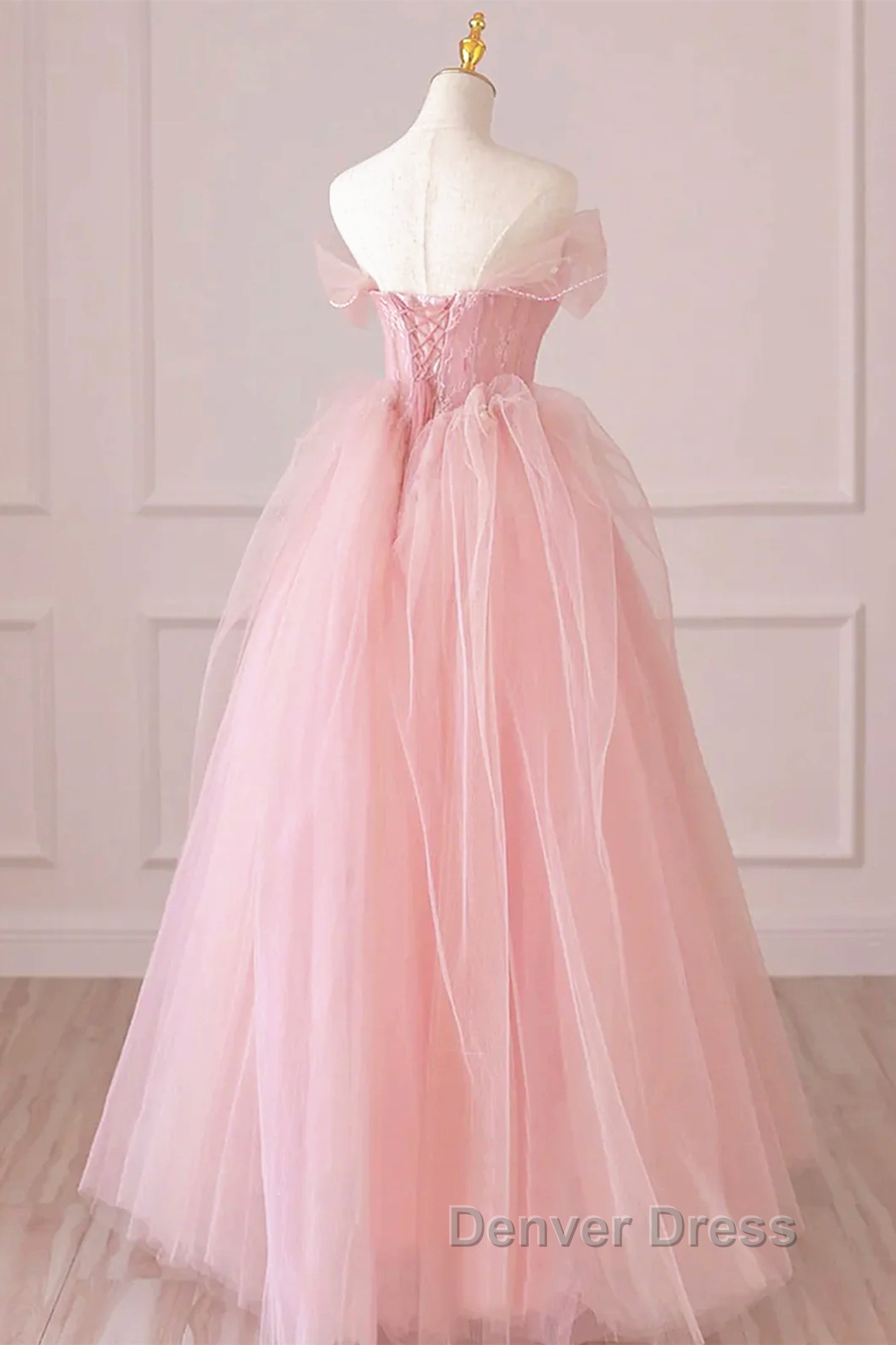 Off the Shoulder Pink Tulle Prom Dress, Pink Tulle Long Prom Graduation Dresses