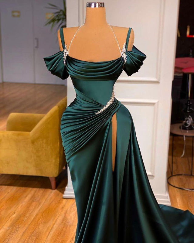 Off-the-Shoulder Prom Dress with Long Slit in Green – Denver Dress