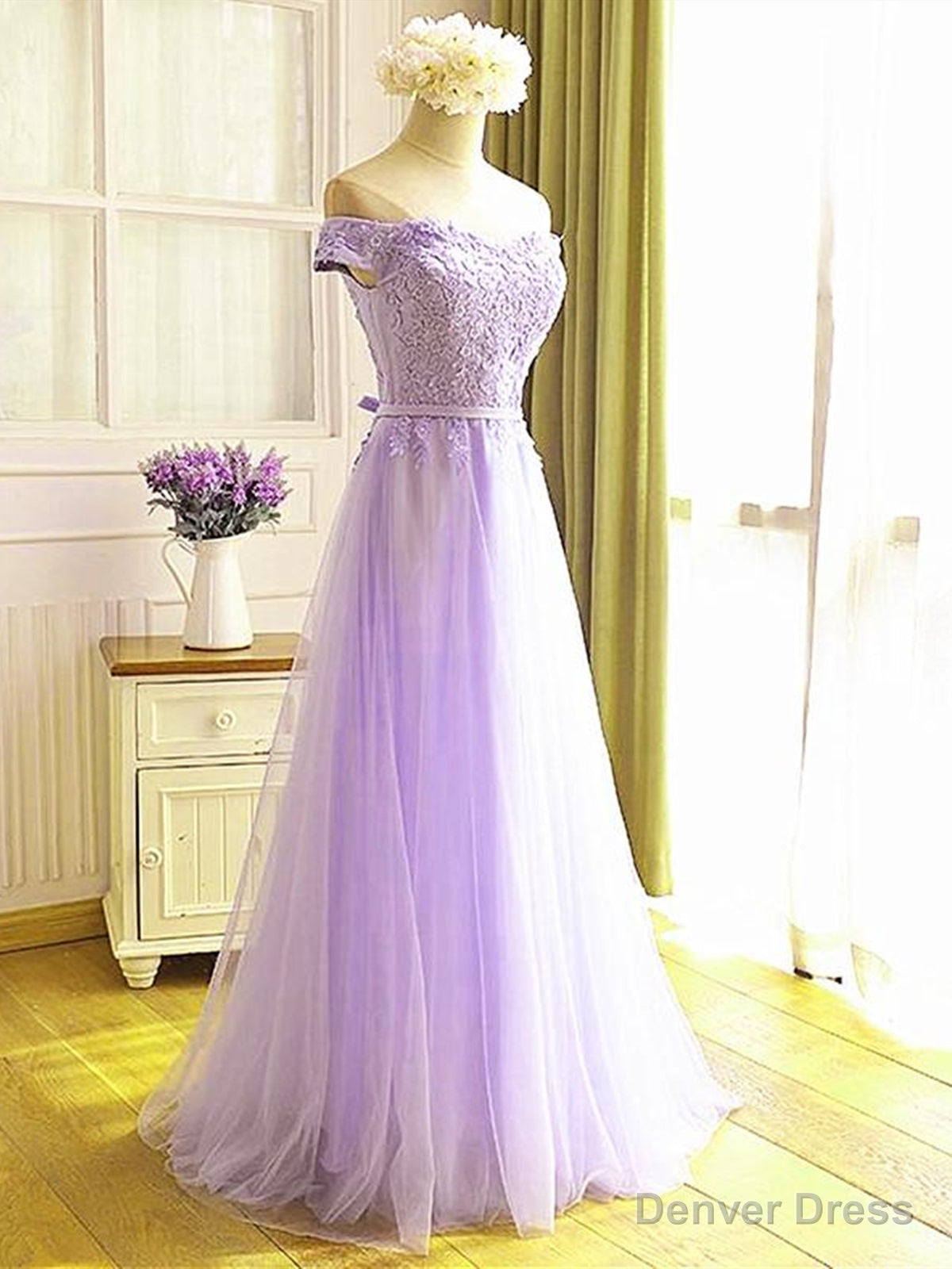 Off the Shoulder Purple Lace Prom Dress, Purple Off Shoulder Lace Prom Bridesmaid Dresses