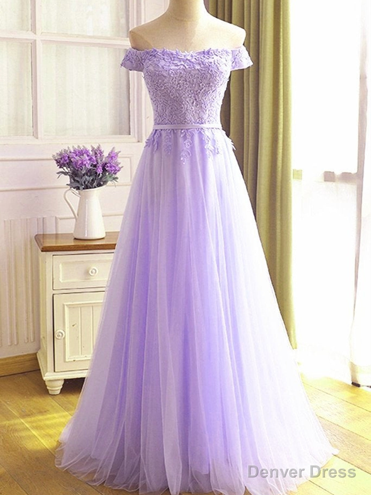 Off the Shoulder Purple Lace Prom Dresses, Purple Off Shoulder Lace Formal Bridesmaid Dresses Main image
