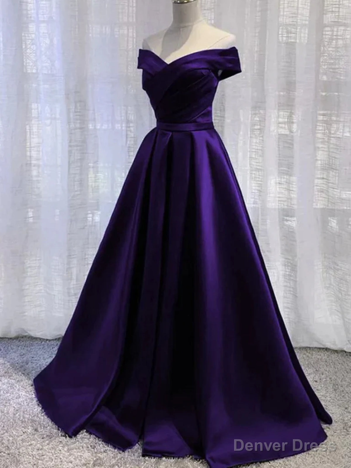 Off the Shoulder Purple Satin Long Prom Dresses, Off Shoulder Long Purple Formal Graduation Dresses Main image