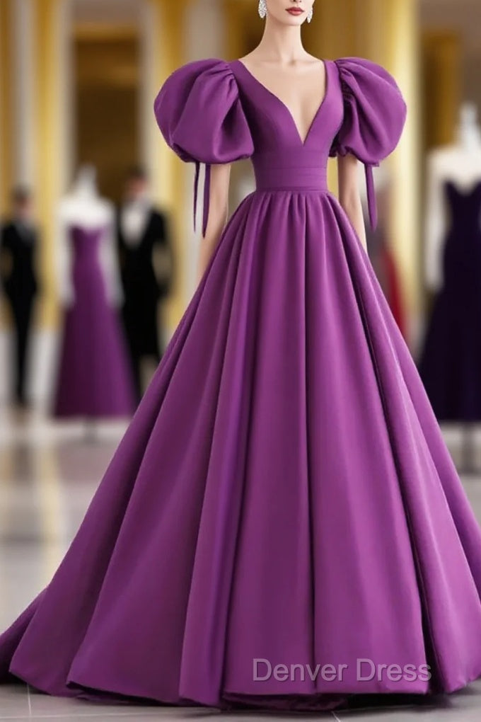 Off The Shoulder Purple Satin Long Prom Dresses, Purple Off Shoulder Long Formal Evening Dresses Main image