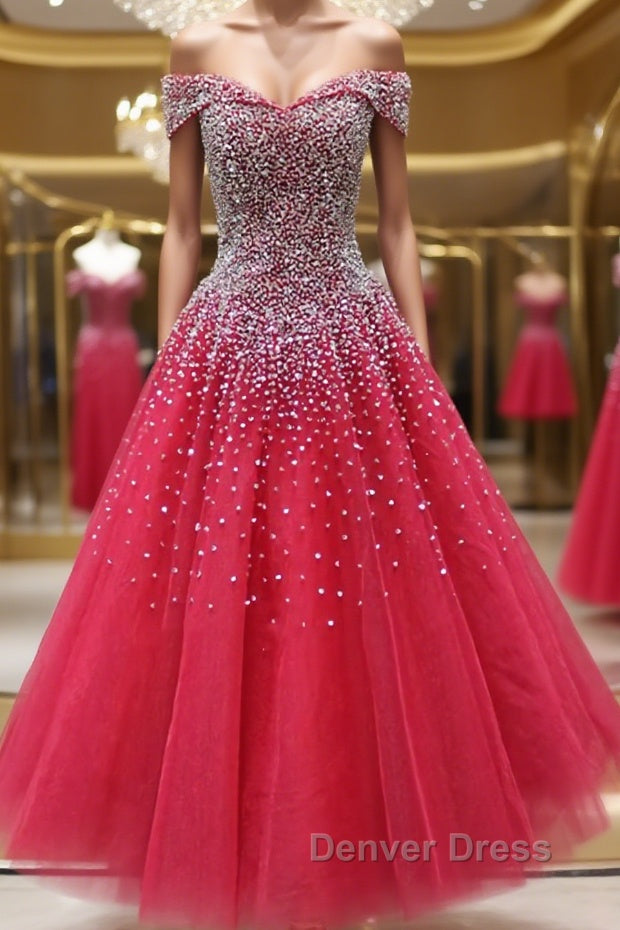 Off the Shoulder Red Long Prom Gowns, Off the Shoulder Red Beaded Prom Dresses Main image