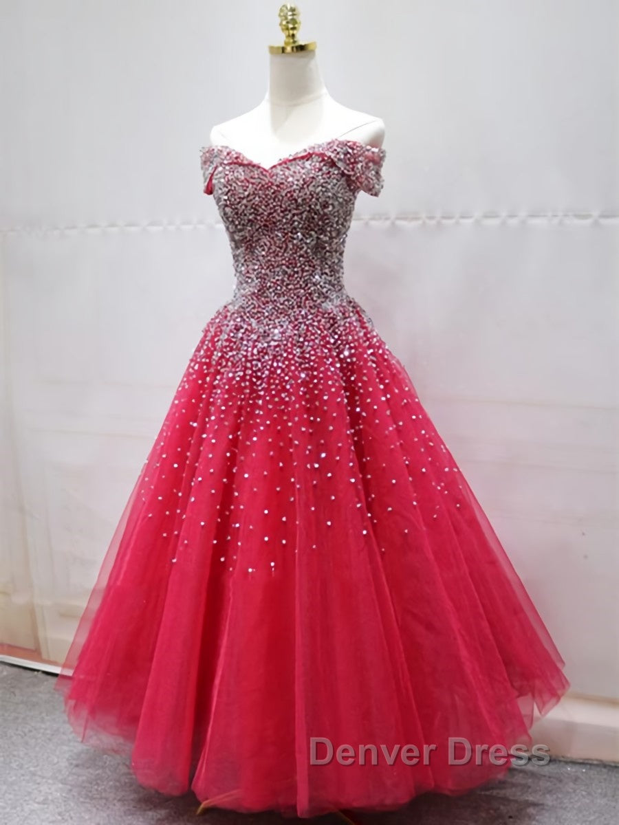 Off the Shoulder Red Long Prom Gowns, Off the Shoulder Red Beaded Prom Dresses