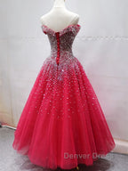 Off the Shoulder Red Long Prom Gowns, Off the Shoulder Red Beaded Prom Dresses