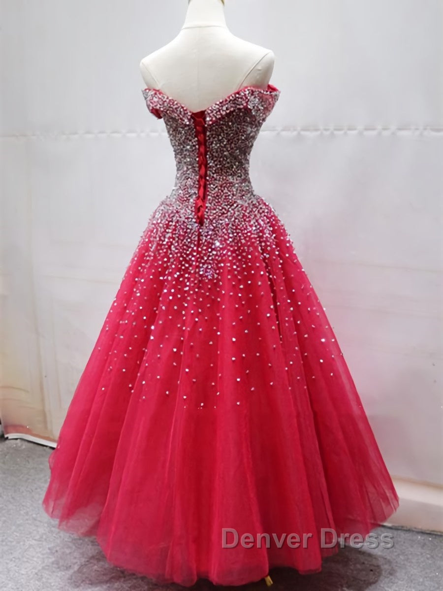 Off the Shoulder Red Long Prom Gowns, Off the Shoulder Red Beaded Prom Dresses