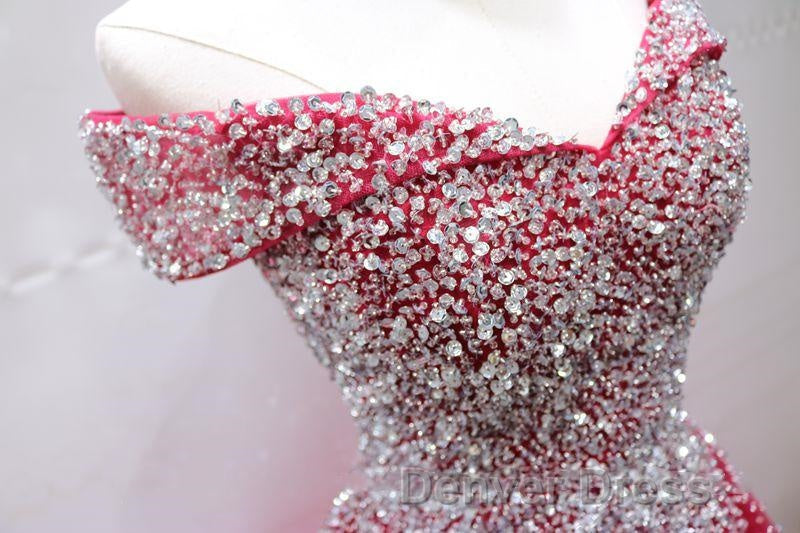 Off the Shoulder Red Long Prom Gowns, Off the Shoulder Red Beaded Prom Dresses