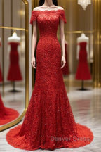 Off the Shoulder Red Mermaid Lace Prom Dress, Red Mermaid Lace Prom Bridesmaid Dresses