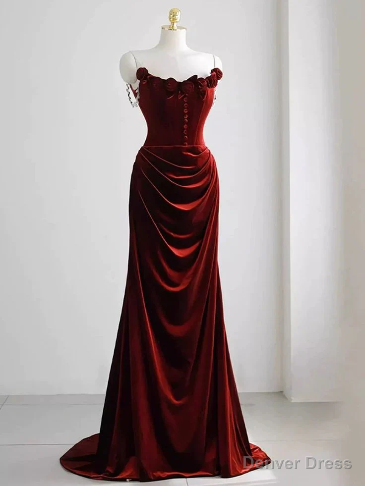 Off The Shoulder Red Velvet Prom Dress Floral Prom Dress Chic Mermaid Dresses Main image