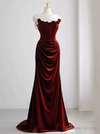 Off The Shoulder Red Velvet Prom Dress Floral Prom Dress Chic Mermaid Dresses