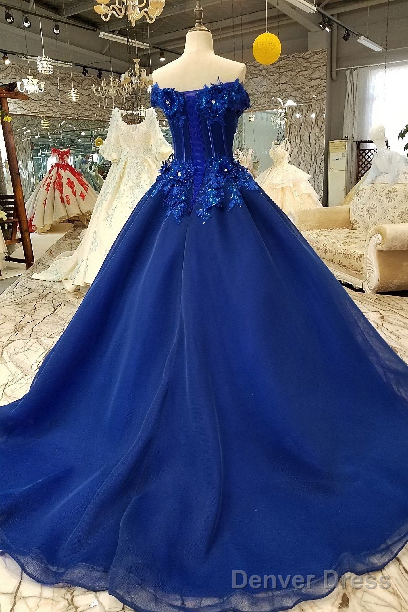 Off The Shoulder Royal Blue Prom Dresses With 3D Floral Lace