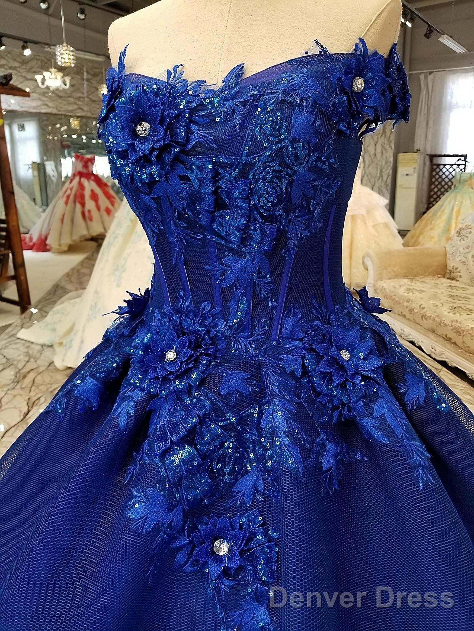 Off The Shoulder Royal Blue Prom Dresses With 3D Floral Lace