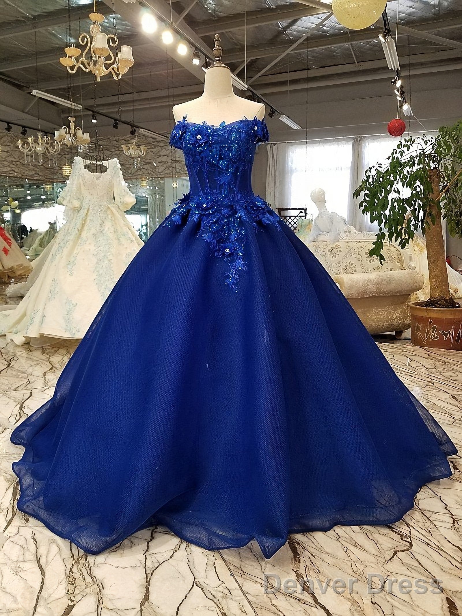 Off The Shoulder Royal Blue Prom Dresses With 3D Floral Lace