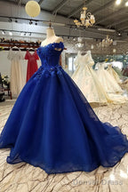 Off The Shoulder Royal Blue Prom Dresses With 3D Floral Lace