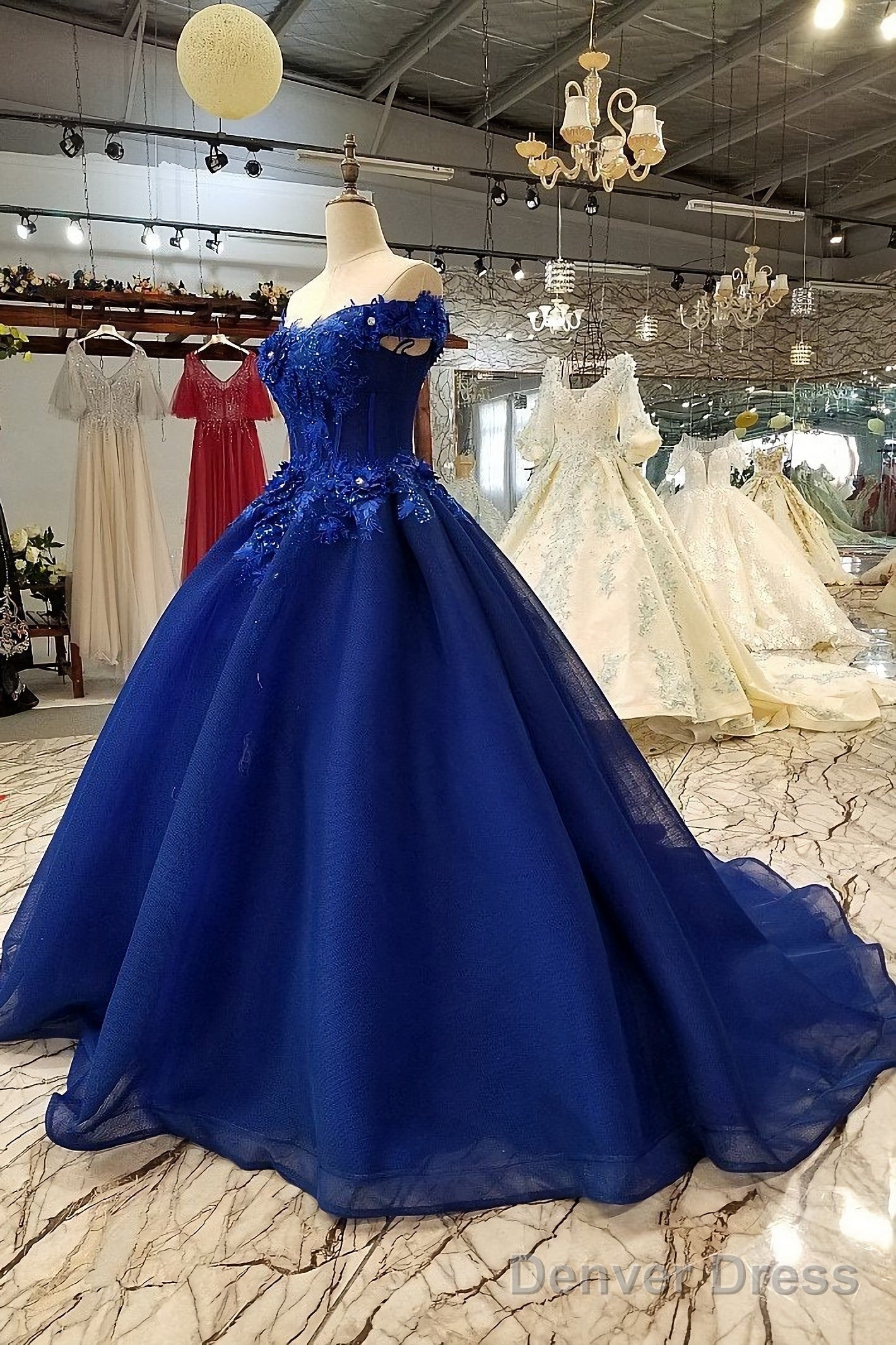 Off The Shoulder Royal Blue Prom Dresses With 3D Floral Lace
