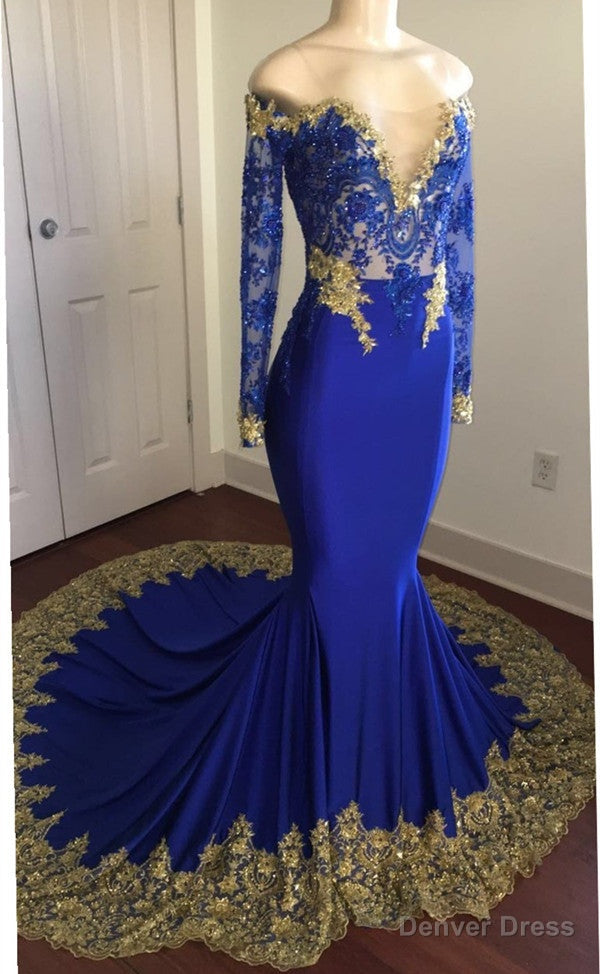 Off The Shoulder Royal Blue Prom Dress Gold Lace Appliques Chic Prom Dresses with Sleeve Secondary image