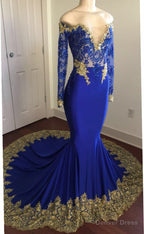 Off The Shoulder Royal Blue Prom Dress Gold Lace Appliques Chic Prom Dresses with Sleeve