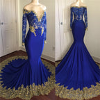 Off The Shoulder Royal Blue Prom Dress Gold Lace Appliques Chic Prom Dresses with Sleeve